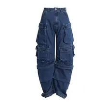 Y2K heavy industry washed multi-pocket overalls women's jeans