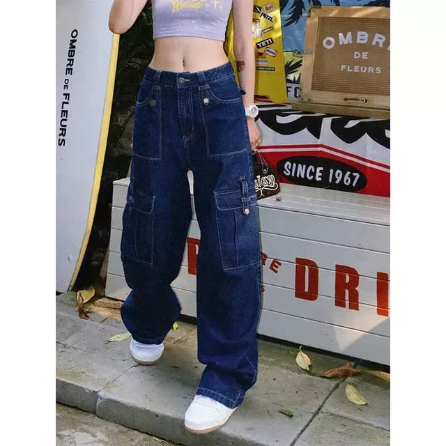 Y2K heavy industry washed multi-pocket overalls women's jeans